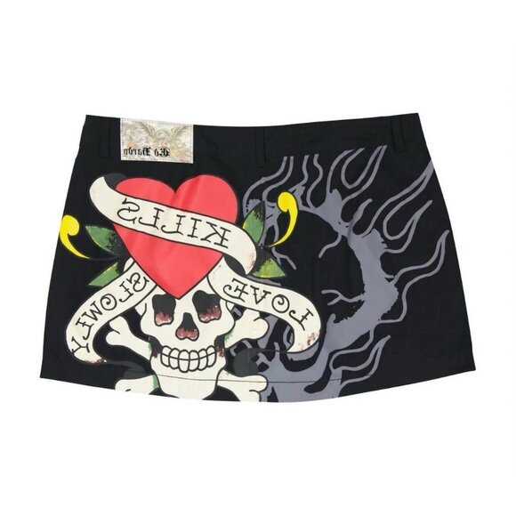 Ed Hardy Skull Poplin Mini Skirt Women’s Sz XL Black Red Multi - Picture 14 of 15